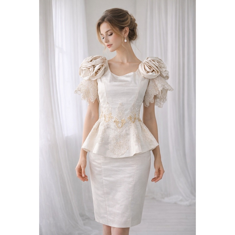 Vintage 80s Ivory Wedding Bridal Suit Set M Rosette Shoulder Lace Beaded